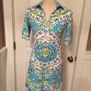 BARBARA GERWIT DRESS SHEATH BLUE WHITE KNIT V-NECK SIZE S